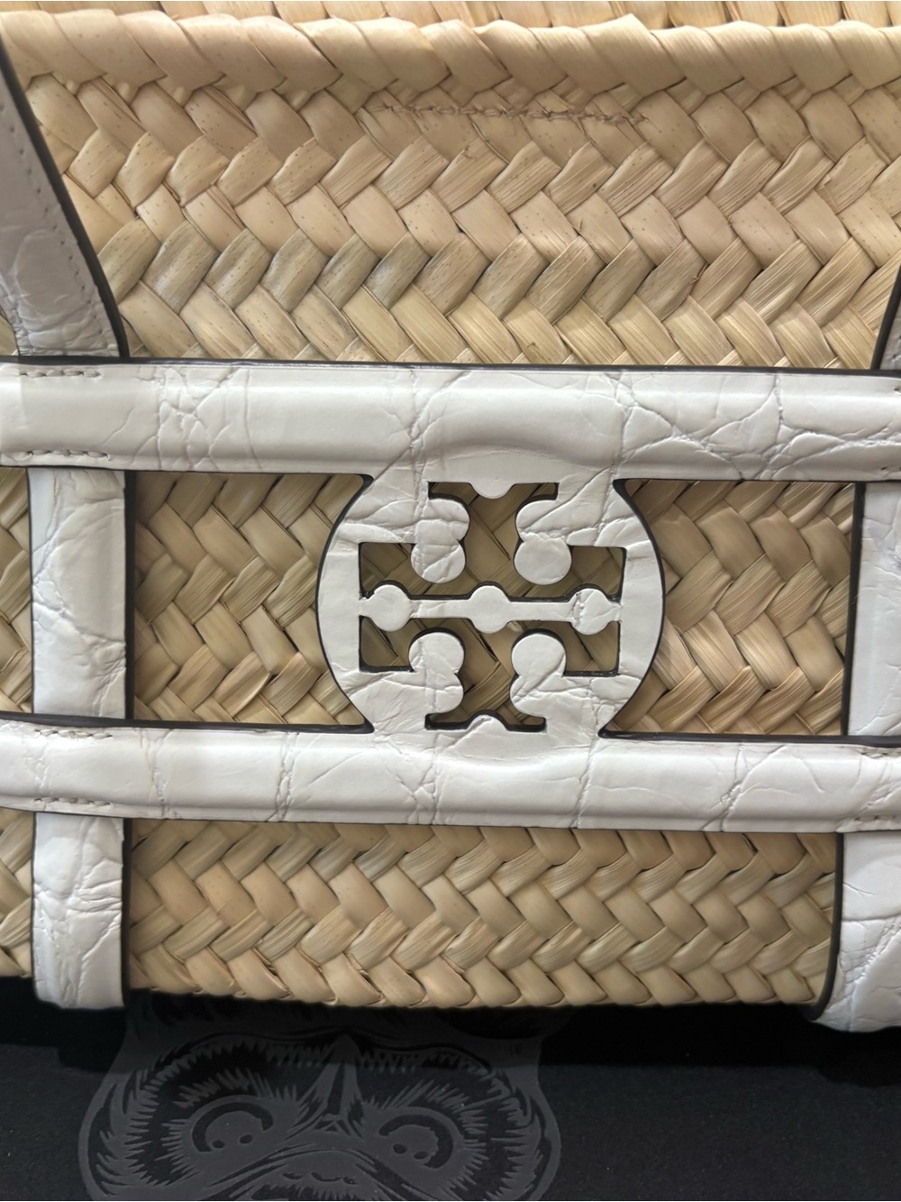 Tory Burch Ella Straw Basket Tote White Croc Embossed Trim + Dust Bag. NWT - Picture 5 of 15